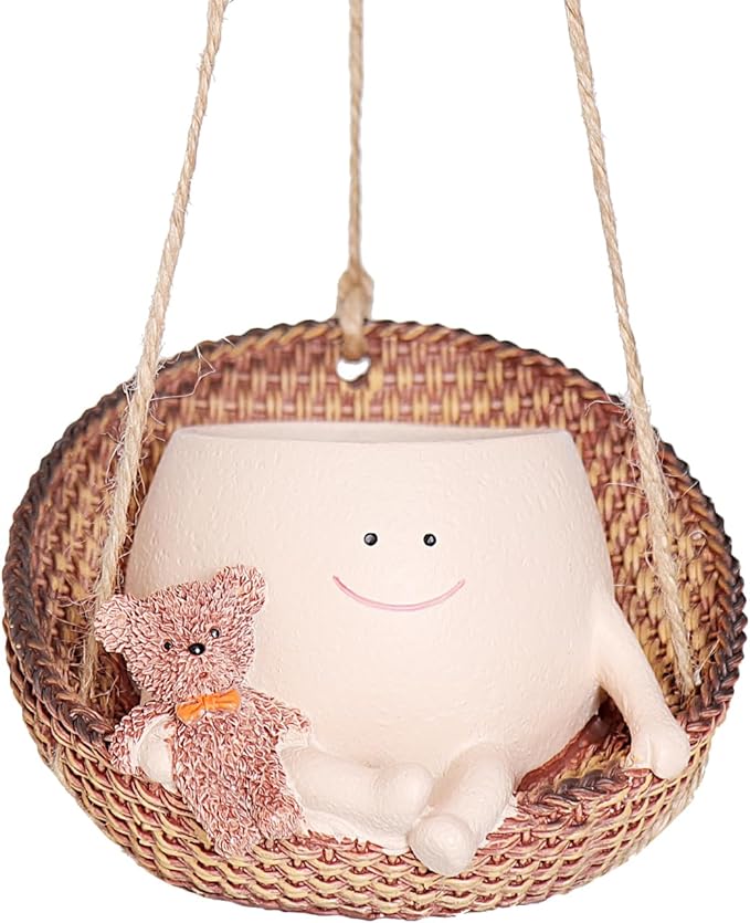 Swing Face Planter Pot Hanging Resin Flower Head Planters for Indoor Outdoor Plants Succulent Pots with Bear Gift Ideas for Mother, Christmas