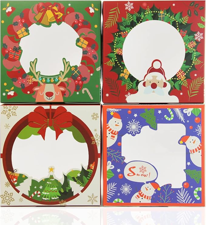 qiqee Christmas Cookie Boxes with Window 100packs 6x6x3 Inch Bakery Box Pastry Box for Christmas