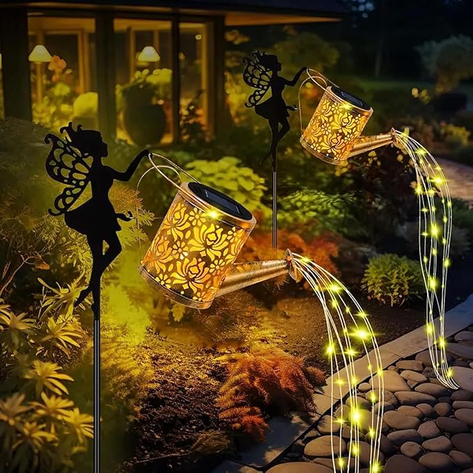 Fairy Garden Decor with Solar Watering Can, Solar Garden Lights Waterproof Hanging Lantern,LED Light String Retro Metal Water Pot Light, for Garden Patio Yard Pathway Lantern Plant Decoration