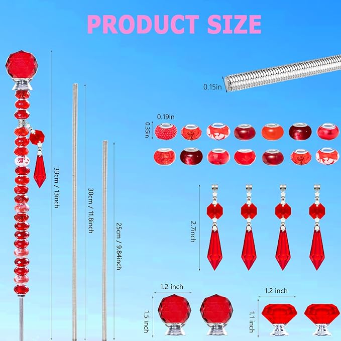 Exway 100 PCS DIY Fairy Wand Beaded Garden Stake Beads Kits with Red Large Hole Beads 4 Crystal Stopper Top Threaded Rods and 4 Red Sparkling Crystal Pendants for Outdoor Indoor Decor