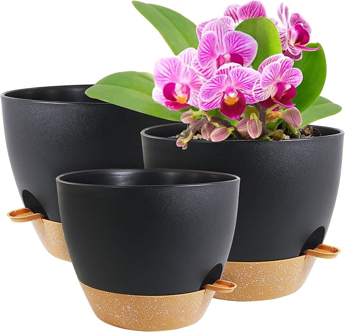 10/9/8 inch Medium Self Watering Pots, Planter, Plant Pots with Mesh Drainage Holes for Indoor Outdoor Garden Plants, Plastic Flower Pots with Removable Deep Reservoir, Black with Brown