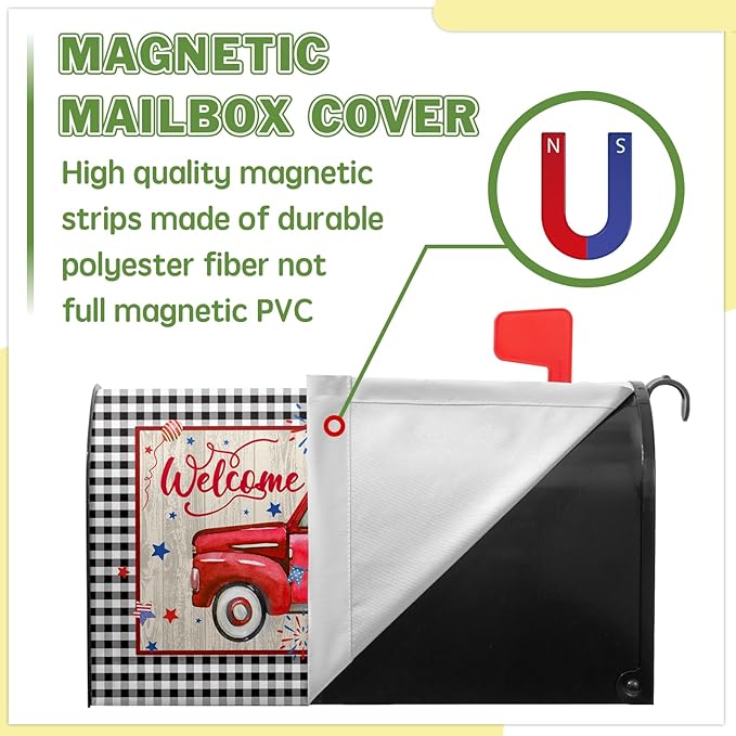 Welcome Red Truck Mailbox Cover 4th of July Mailbox Covers Magnetic Patriotic Post Letter Box Wrap Standard Size 21x18 in for Outdoor Garden Mail Box Decor Floral Buffalo Plaid
