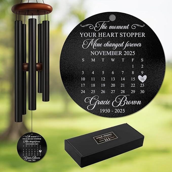 Personalized Memorial Wind Chime – “The Moment Your Heart Stopped, Mine Changed Forever” Custom Calendar Design – Engraved Name, Date – Sympathy Gift for Loss of Loved One – Memorial Windchimes