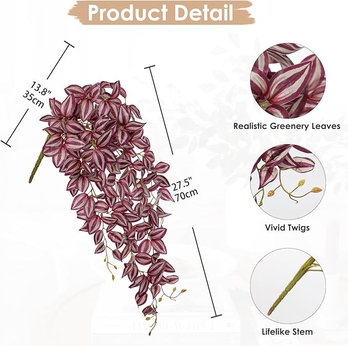 DILATATA Fake Hanging Plants Artificial Hanging Plants 187 Leaves Faux Wandering Jew Hang Leaves Plant for Wall Shelf Home Indoor Outdoor Decor - 2 Pack