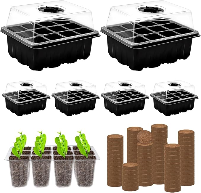 ZeeDix Seed Starter Kit, 6 Pack Seed Starter Trays with 90 PCS Coco Pellets, Base Tray for Indoor Planting, Mini Greenhouse Germination System for Herbs Vegetables Gardening Supplies(72 Cells)