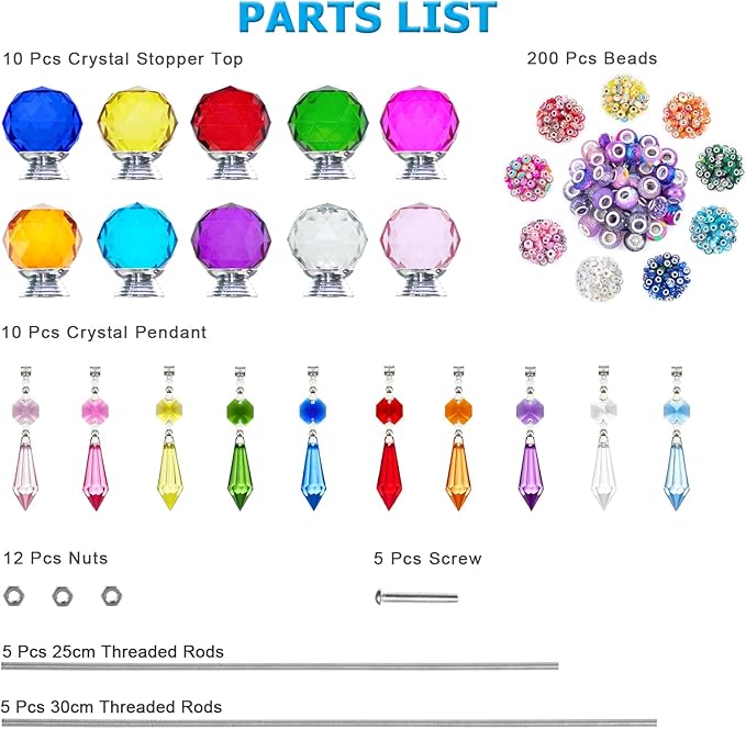 Exway 247 PCS DIY Fairy Wand Beaded Garden Stake Kits with Assortment Large Hole Beads 10 Crystal Stopper Top Threaded Rods and Sparkling Crystal Pendants for Outdoor Indoor Decor
