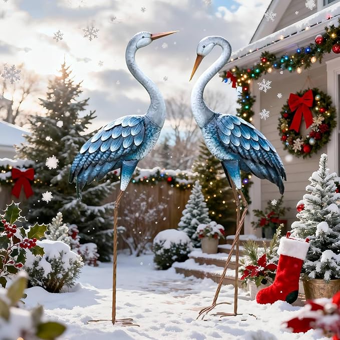 Kircust Outdoor Blue Heron Statues Metal Garden Crane Sculptures, Bird Yard Art Large 47-48 Inch, Set of 2, for Pond & Lawn Garden Decor, Gifts for Women, Men, Friends