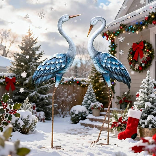 Kircust Outdoor Blue Heron Statues Metal Garden Crane Sculptures, Bird Yard Art Large 47-48 Inch, Set of 2, for Pond & Lawn Garden Decor, Gifts for Women, Men, Friends