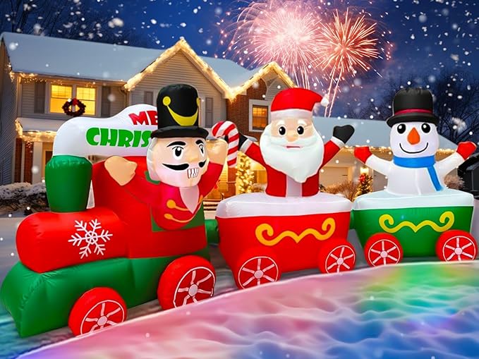 12 Ft Long 4 Ft Tall Christmas Inflatable Train with Nutcracker, Santa Claus and Snowman, Christmas Decorations Outdoor Blow Up Xmas Train Carriage with Build-in LEDs Holiday Party Garden Yard Decor