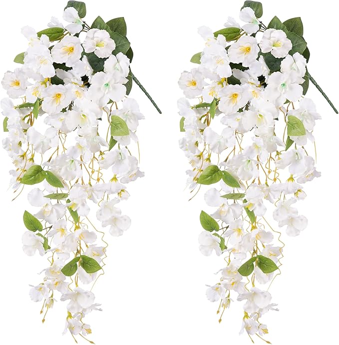 Artificial Hibiscus Fake Hanging Flowers Plants for Outdoor Spring Summer Decoration, 2pcs White Silk Hibiscus Long Trailing Vines UV Resistant Realistic Faux Flower for Outside Front Door Porch Patio