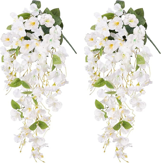 Artificial Hibiscus Fake Hanging Flowers Plants for Outdoor Spring Summer Decoration, 2pcs White Silk Hibiscus Long Trailing Vines UV Resistant Realistic Faux Flower for Outside Front Door Porch Patio