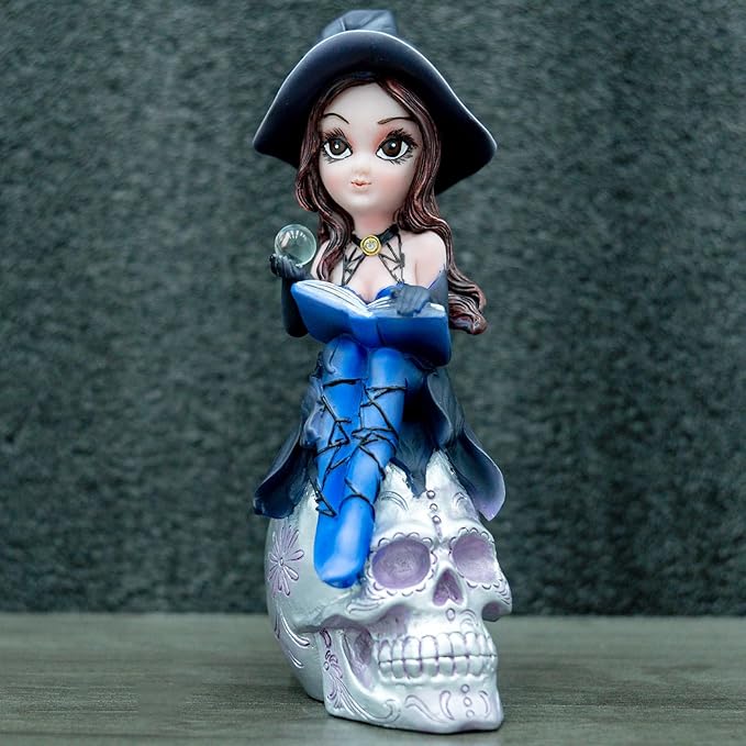 Fairy Figurine Set, Piece Decorative Collectible Statues Blue Witch Statue on Skull - Gothic Home Decor, Halloween Resin Sculpture Mystical Witch Figure with Black Hat & Detailing