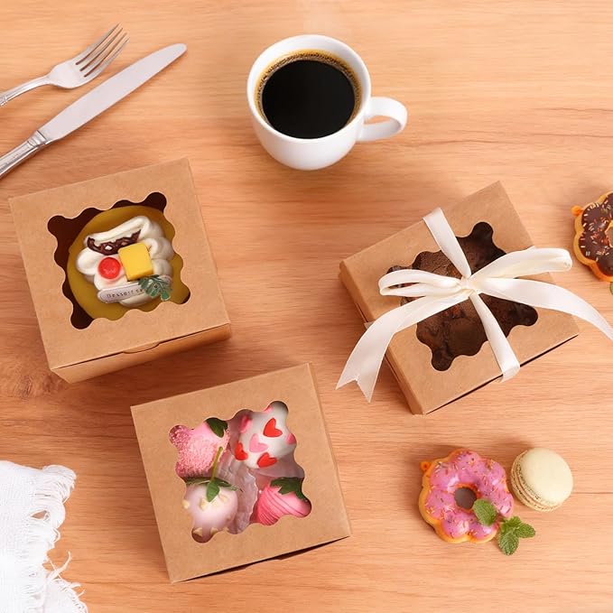 Moretoes 24pcs Bakery Boxes with Window, 4x4x2.5 Inches Brown Cookie Boxes for Small Pastries, Cookies Treats and Desserts