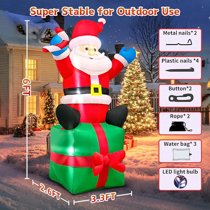 6FT Christmas Santa Inflatables Outdoor Decorations Santa Claus with Gift Box Blow Up Yard Decorations,Built-in LED Lights for Outdoor Christmas Party Yard Garden Lawn Xmas Decoration