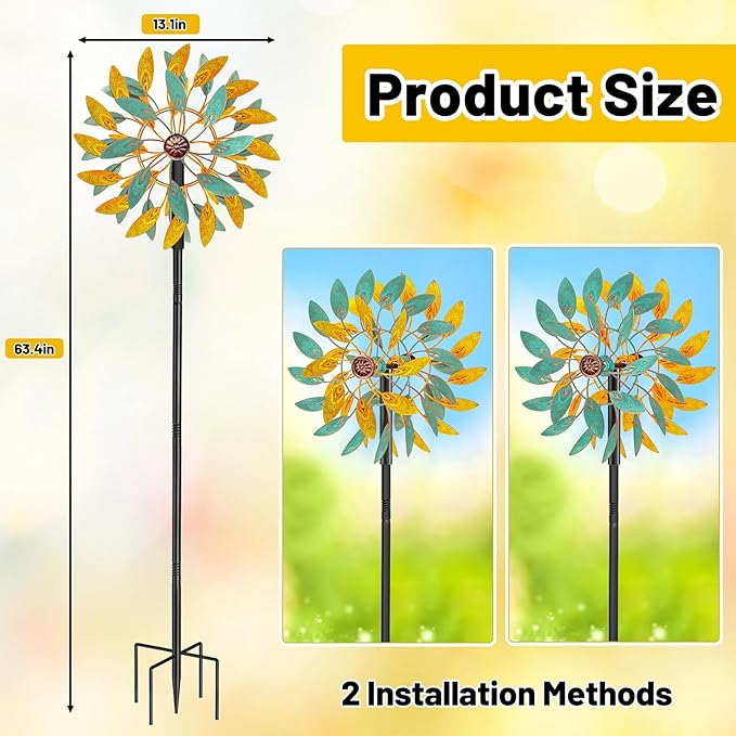 Metal Wind Spinners Outdoor, Kinetic Garden Wndmills,Yard Art Windmill with Metal Stake,Vintage Wind Sculptures & Spinners,Waterproof Pinwheels Large Wind Mill for Patio Lawn Yard Garden (Yellow+Blue)