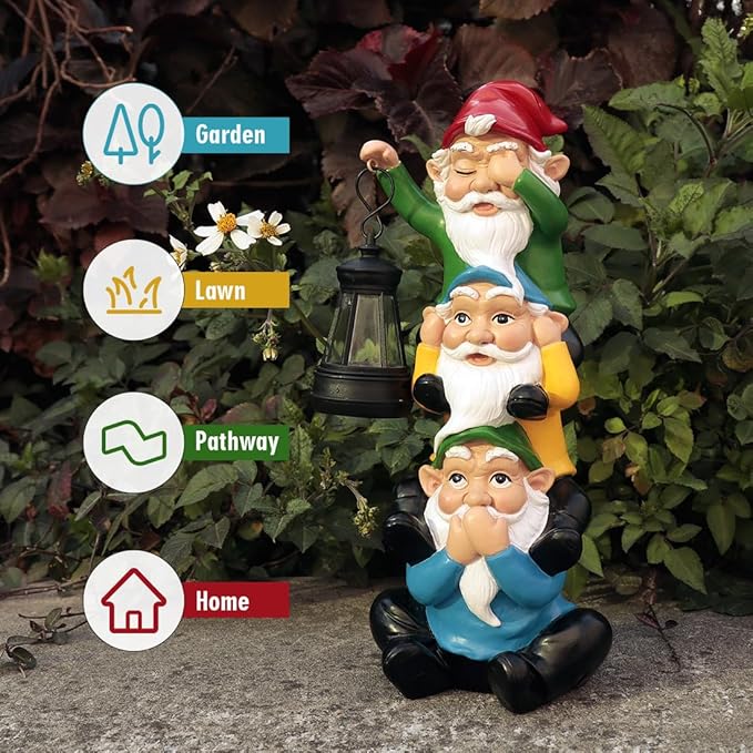 Funny Garden Gnome Statues with Solar Lights Outdoor Decorations, Triple Gnome Statues Unseen Unheard Unspeak Sculptures Outdoor Patio Lawn Yard Garden Decor Housewarming Gifts