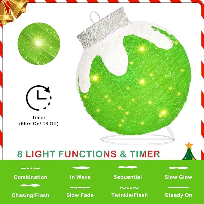 BRIGHTDECK Outdoor Christmas Ornaments, Lighted Pop-Up Outdoor Holiday Ball Decoration with 80 LED Lights, 8 Light Modes, Lighted Collapsible Holiday Decorations for Yard, Home (Green)