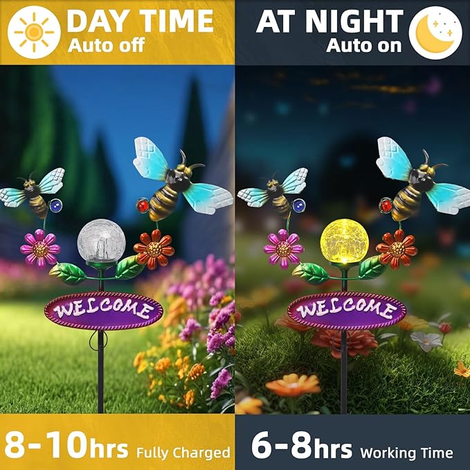 Solar Garden Stakes Metal Welcome Signs for Outside 31.1', 2 Flying Bees with Cracked Glass Ball,Decorative Garden Stakes for Lawn, Patio, Bee Gifts for Women