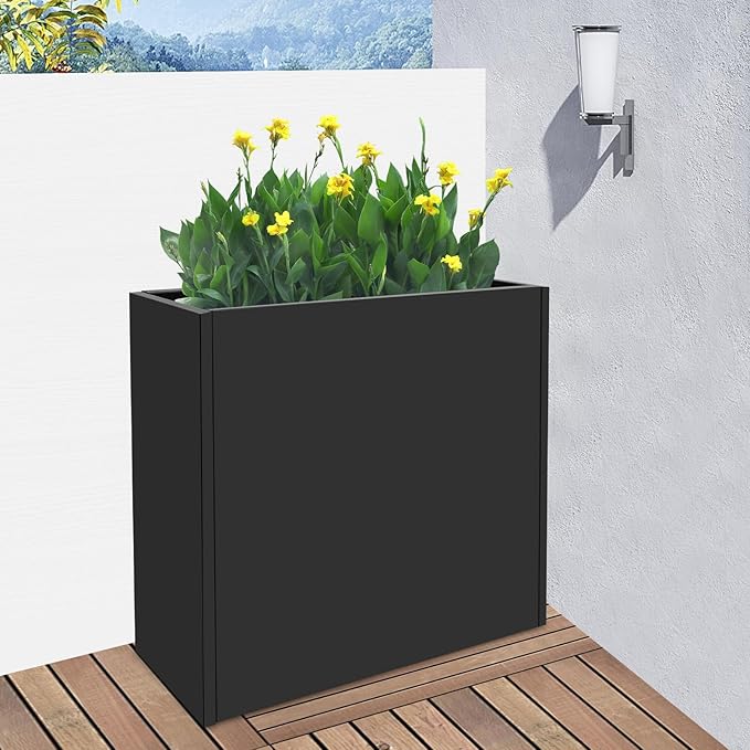 Metal Planter Box, Tall Rectangular Raised Garden Bed with Removable Shelf and Drainage Holes, Modern Steel Garden Planter, Flower Planter Boxes for Patio, Yard & Porch, Outdoor (Black, 34*10*30in)