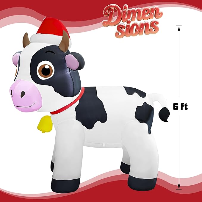 Lulu Home 6FT Christmas Inflatables Cow, Giant Blow Up Dairy Cattle Wearing Santa Hat with Built-in LED Lights, Air-Blown Highland Cow Decoration for Yard Indoor Outdoor Xmas Holiday Display