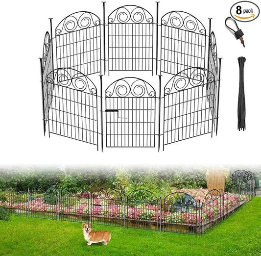 Tall Garden Fence Animal Barrier with Gate, 32 in(H) 8 Panels Garden Fences and Borders for Dogs, Dog Fence Outdoor for Yard, Total Length 17.5 Ft Metal Temporary Fencing│Patented