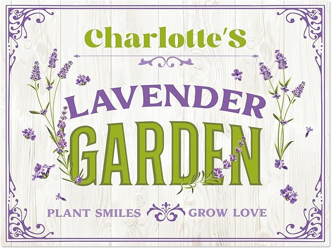 Custom Lavender Garden Sign, Personalized Name for Flower Garden, Christmas Gift and Backyard Décor Sign, 18x24 Inches, Rust Free .063 Aluminum, Fade Resistant, Made in USA by Sigo Signs