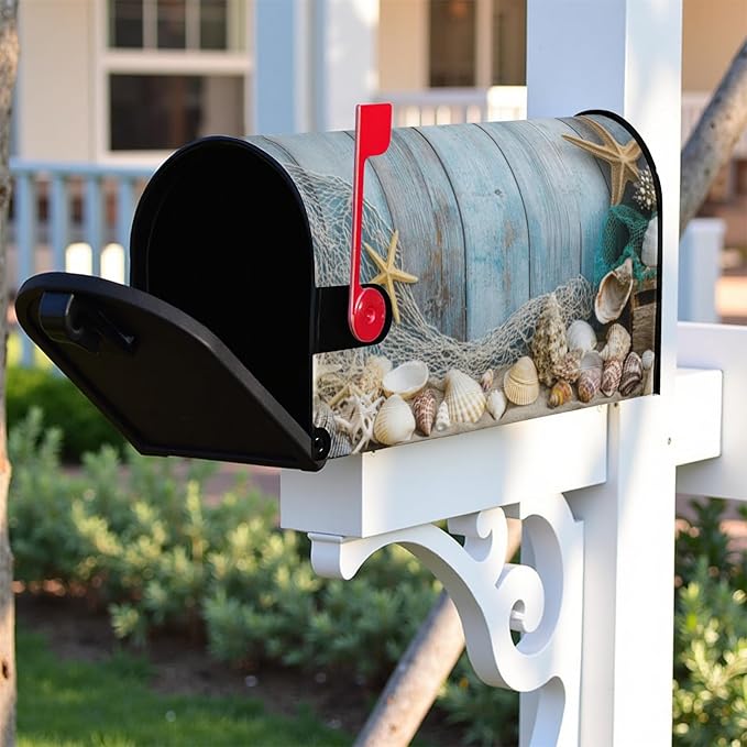 Beach Mailbox Cover Summer Starfish Mail Box Covers Magnetic Shell Mailbox Wraps 25.5x21 inch Outdoor Decor for Garden Yard