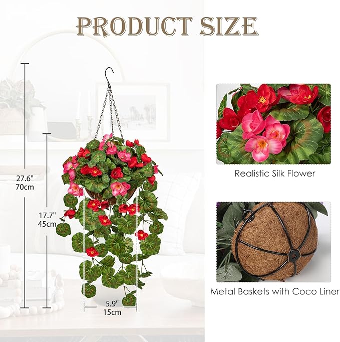 Briful Geraniums Fake Flowers Hanging Basket Outdoor, Silk Summer Vine Faux Flowers, Begonia Artificial Flowers, 5 ⅞’’ Coconut Basket, for Home Farmhouse Balcony Indoor Patio Garden Decor