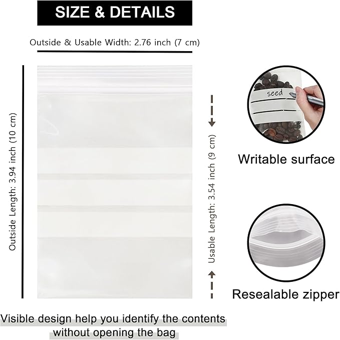 PABCK Clear Seed Envelopes Resealable (2.76x3.94 inch) Seeds Packets Small Plastic Bags for Spice Jewelry Parts Packaging with White Writable Block Self Seal Coins Envelope Garden Flower Organizer