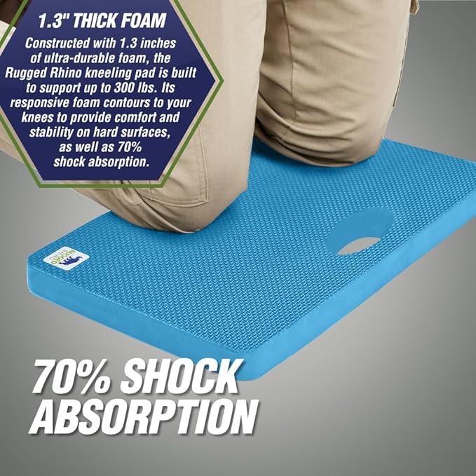 Rugged Rhino Heavy Duty Patent Pending Kneeling Pad, Shock Absorbent Thick Knee Pads, Holds Up to 300 lbs, Protect Knees from Hard Concrete Surfaces, for Mechanics, Yard Gardening, Gym, Bright Blue
