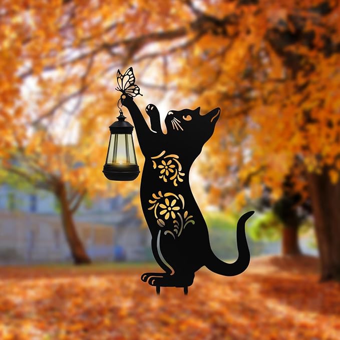 Solar Lights Outdoor Garden Decor - Metal Cat Holding Lantern Stake, Waterproof Solar-Powered Pathway Light for Yard, Pathway, Lawn, Patio - Unique Gift for Cat Lovers Halloween Christmas Garden Decor