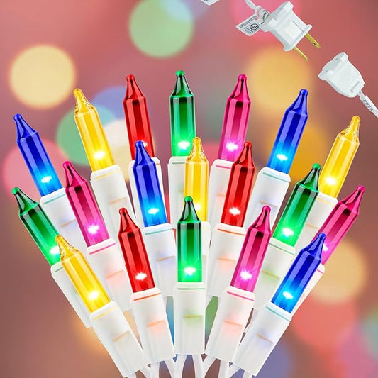 Multicolor Christmas Lights- 100 Count Mini Incandescent Indoor Lights with White Wire, UL Listed Connectable, Bright & Colorful String Lights for Kids’ Room, Party & Festival Décor