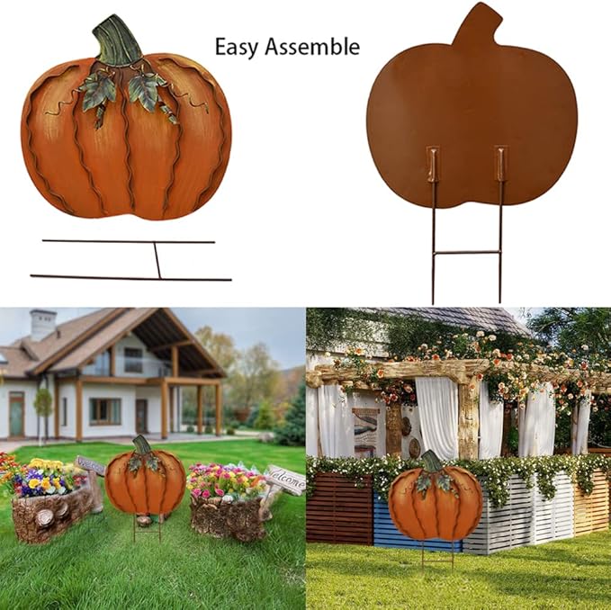 2X Pumpkin Garden Stake Metal Pumpkin Yard Sign Fall Decor, Decorative Garden Decor Pumpkin Outdoor Stakes Autumn Harvest Thanksgiving Halloween Rustic Pumpkin Décor Home (Orange, 20" H, 17" H)