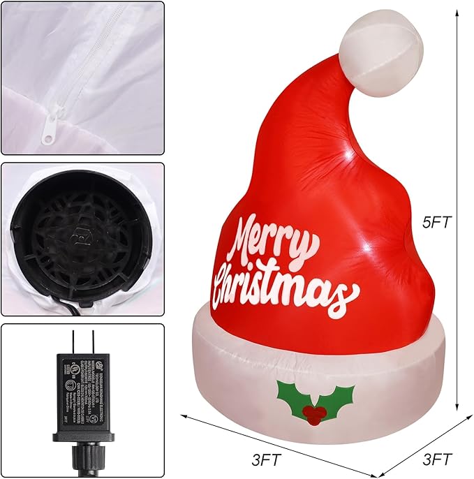 Juegoal Christmas Inflatables Outdoor Decorations, 5FT Inflatable Xmas Hat, Lighted Blow Up Giant Red Hat with Built in LED Lights, Light Up Holiday Winter Roof Lawn Yard Garden Decor