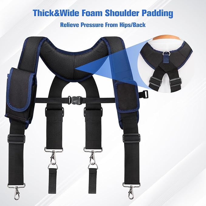 Tool Belt Suspenders for Men, Adjustable Padded Carpenter Tool Belt with Magnetic WristBand Multifunctional Pouch Pocket for Construction Workers (Black)
