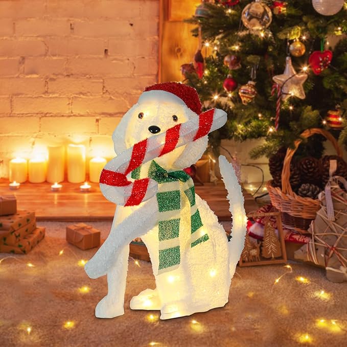 Christmas Lighted Dog Decoration 3D Glittered Fluffy Puppy with Candy Cane Battery Operated Lighted Up Ornament Outdoor Indoor Christmas Decoration for Home Lawn Yard Garden Display