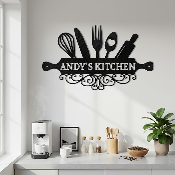 Personalized Kitchen Metal Signs, Kitchen Wall Decor, Custom Name Sign, Coffee Bar Decor, Rustic Metal Wall Art Decoration for Kitchen, Farmhouse, Dining Room, Customized Housewarming Gifts