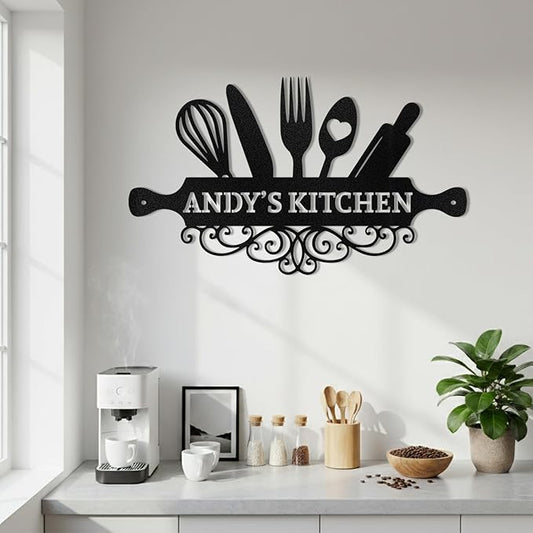 Personalized Kitchen Metal Signs, Kitchen Wall Decor, Custom Name Sign, Coffee Bar Decor, Rustic Metal Wall Art Decoration for Kitchen, Farmhouse, Dining Room, Customized Housewarming Gifts