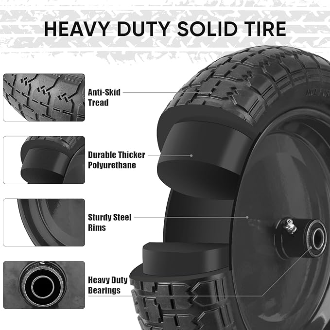 TICONN 4.80/4.00-8 Tire, 16" Flat Free Wheelbarrow Tire and Wheel, Solid Replacement Tires, 5/8" 3/4" Bearings, Universal Fit 4.80/4.00-8, 3.50/3.00-8, 4.00-6 (16" Black, 2PK)
