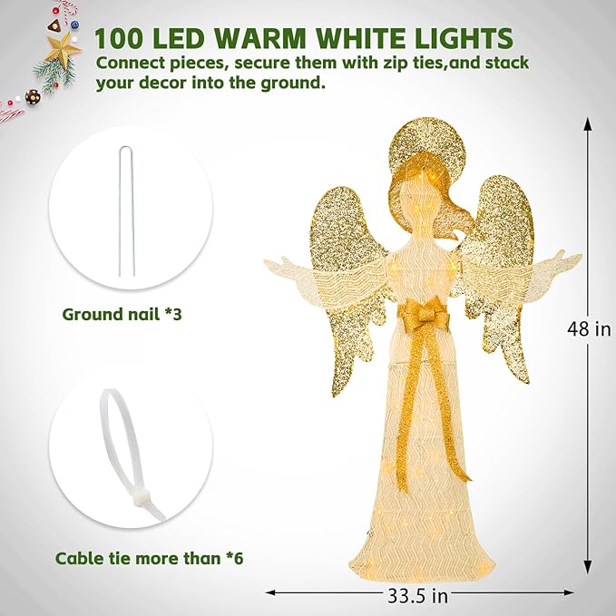 Christmas Outdoor Decorations Lighted Angel 48" Xmas LED Warm Lights Decor Indoor, Large Outdoor Holiday Decorations for Home, Yard, Garden, Porch