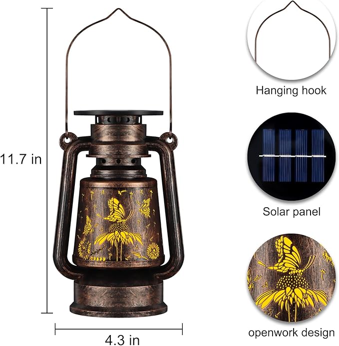 Solar Lantern Outdoor Hanging Vintage LED Waterproof Camping Light with Beautiful Graphics Landscape Decor for Yard,Patio,Porch,Lawn,Tabletop(Butterfly)