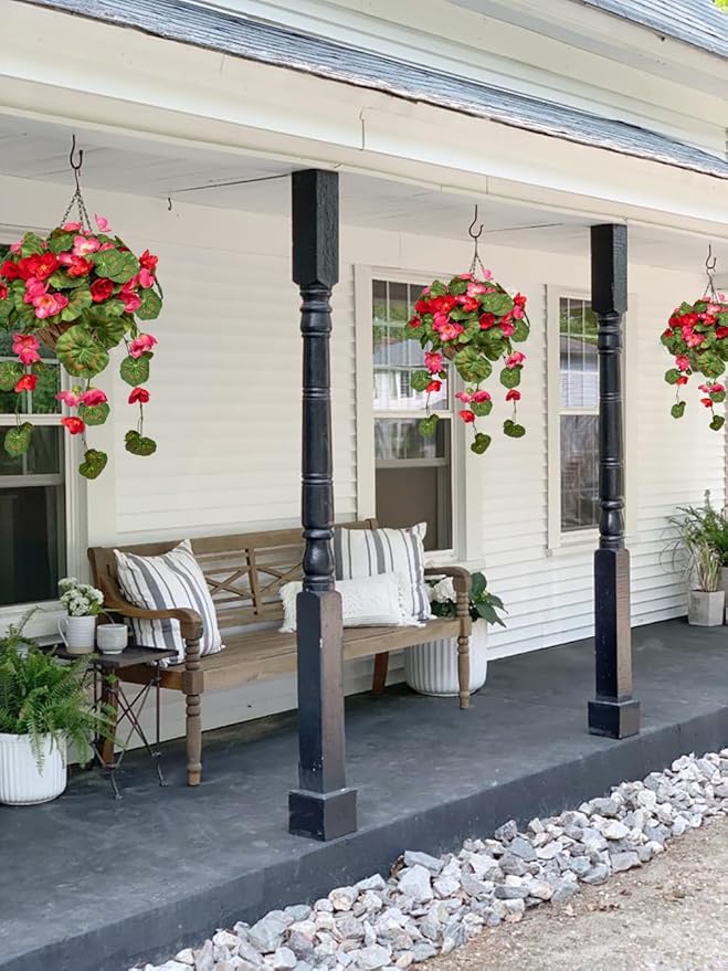 Briful Small Geraniums Fake Flowers Hanging Basket, Realistic Silk Vine Faux Flowers,Begonia Artificial Flowers, 5 ⅞’’ Coconut Basket, for Home Farmhouse Balcony Indoor Outdoor Patio Garden Decor