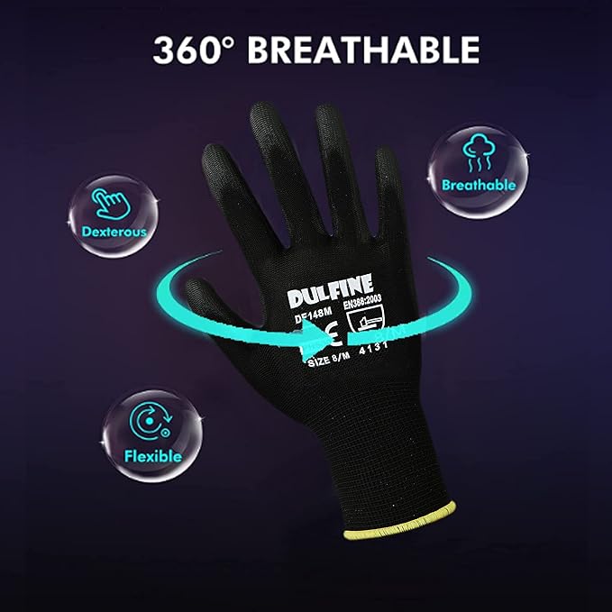 Ultra-Thin PU Coated Work Gloves-12 Pairs,Excellent Grip,Nylon Shell Black Polyurethane Coated Safety Work Gloves, Knit Wrist Cuff,Ideal for Light Duty Work. (XX-Large)