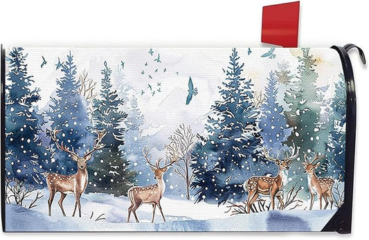 Winter Reindeer Mailbox Cover Magnetic Standard Size 20.5" x 18", Snowy Pine Tree Forest Birds Decorative Post Letter Box Wrap Decor, Christmas Seasonal Garden Yard Outdoor Decoration