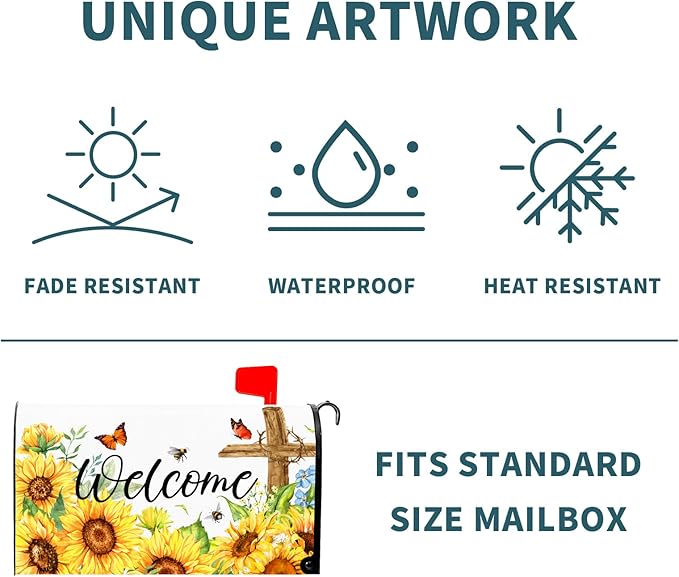 Summer Welcome Sunflower Mailbox Cover Magnetic Standard Size 25.5" X 21" Flower Wraps for Post Letter Box Decor Outside Garden Yard Home Outdoor Decoration