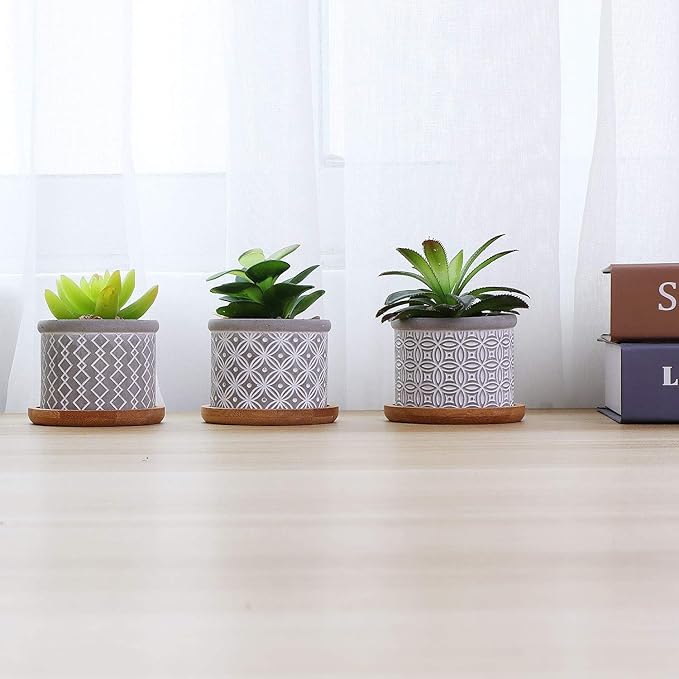 T4U 2.5 Inch Cement Succulent Planter Pot with Bamboo Tray Set of 3, Small Grey Concrete Pot Cactus Plant Container Herb Window Box Decoration for Home Office Gardening Birthday