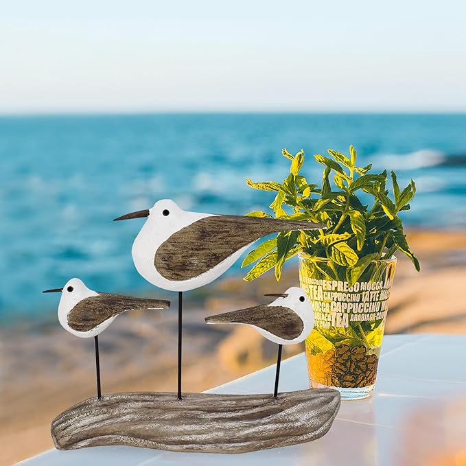 Aecipl Wooden Sea Bird Statue Seagull On Stand Decor Nautical Coastal Birds Sculpture Indoor Outdoor Animal Figurine Beach Themed Decoration Rustic Home Art for Bedroom Garden (D)