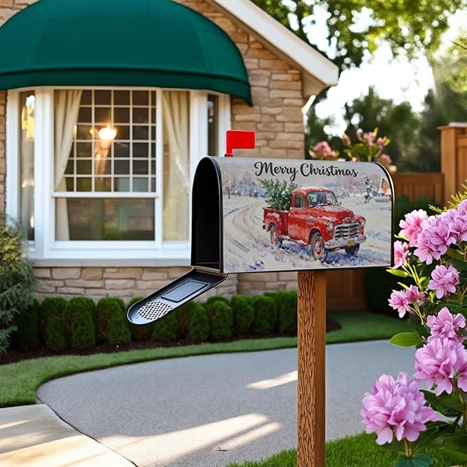 Christmas Red Truck Mailbox Covers Magnetic Standard Size Rustic Snow Scene Xmas Tree Merry Holiday Outdoor Decorative Farmhouse Letter Box Cases for Home Garden Outside Decor, 21x18 Inch