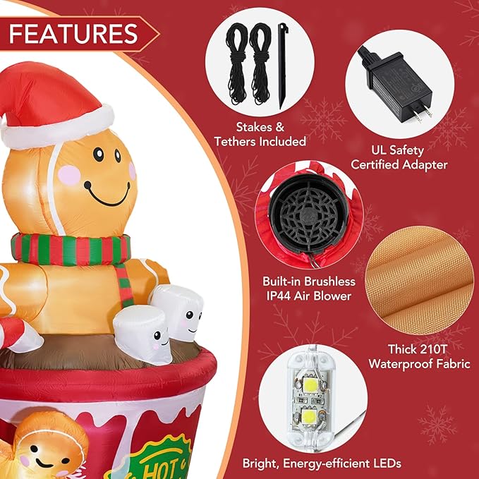 ZPISF 6 FT Christmas Inflatables Outdoor Decorations, Cute Christmas Blow Up Yard Decorations Gingerbread Man in Hot Cocoa Mug Scene for Garden Lawn Xmas Decor