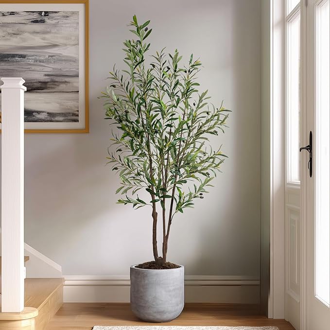 5FT Artificial Olive Tree Artificial Olive Plants, Tall Faux Olive Tree Faux Silk Plant Fake Plant Ultra-Realistic Silk Leaves & Natural Trunk Indoor Outdoor Use